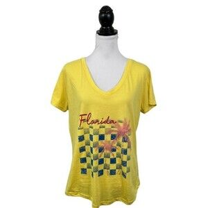 Ana Cabana Knit Tee Shirt Top Plus Size 1X Yellow V Neck Florida Tropical Palm